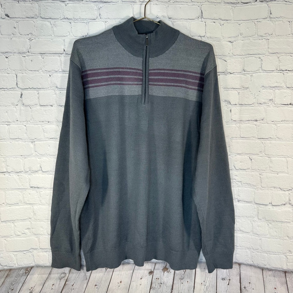 Nicklaus Mens Gray Wool Blend Quarter Zip Golf Sweater XL Striped Mock Neck